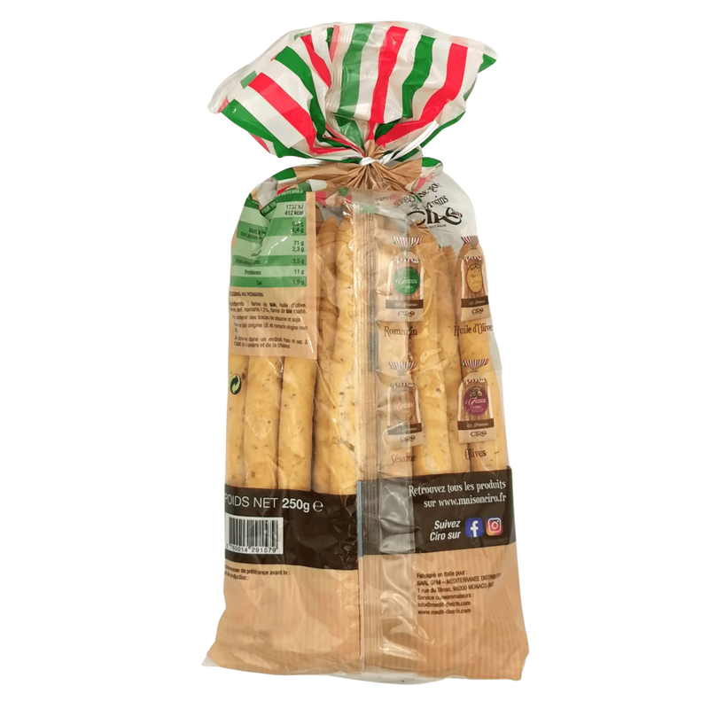Emballage de gressin romarin artisanal Ciro 250g avec sachet aux couleurs italiennes.