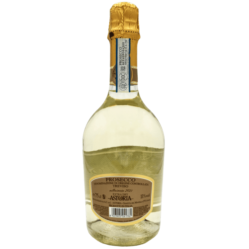 Prosecco Astoria 75cl - Vue détaillée de la bouteille avec bulles fines et couleur jaune paille