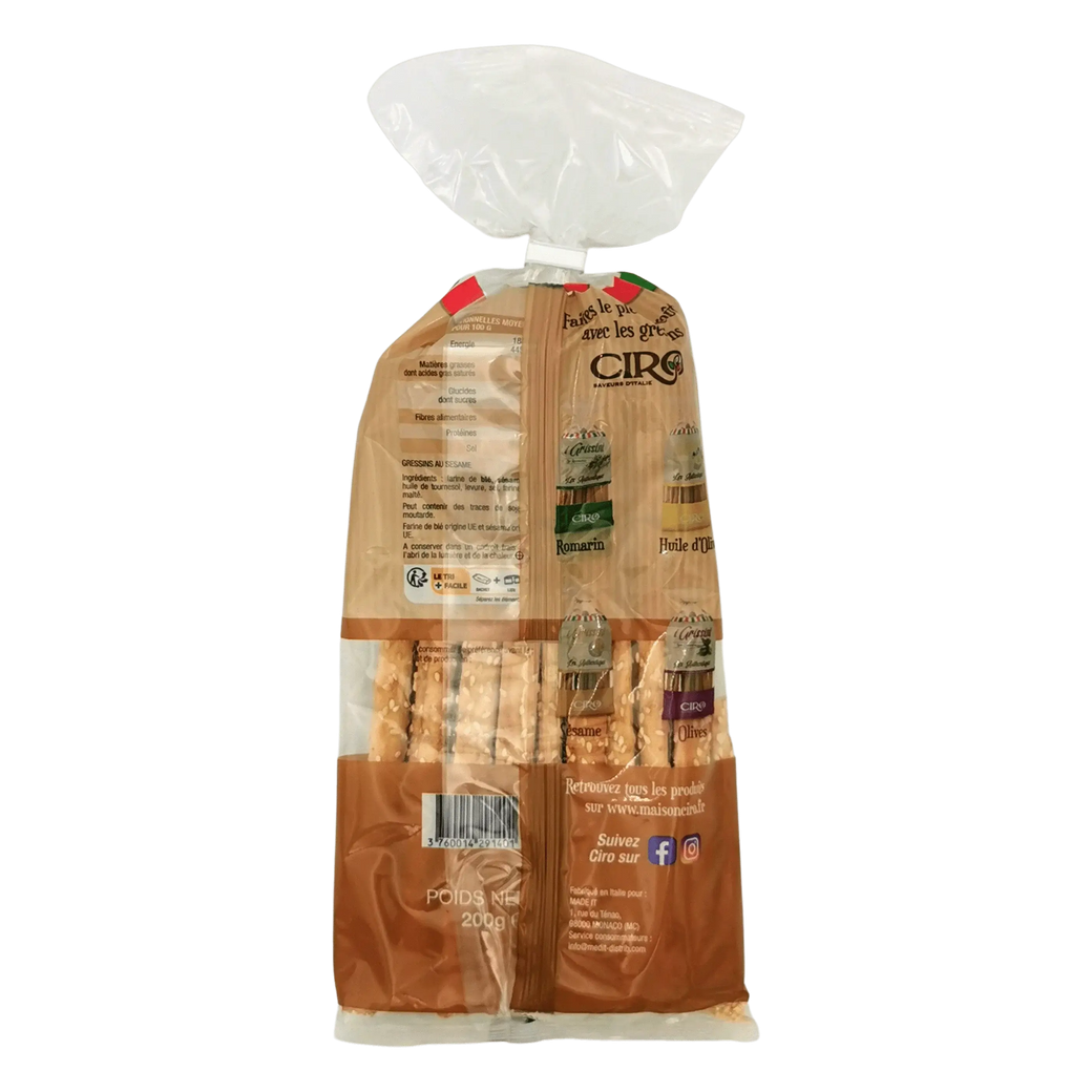 Verpackung der Sesamstangen Ciro 200g mit goldenen Sesamsamen, authentische knusprige italienische Spezialität.
