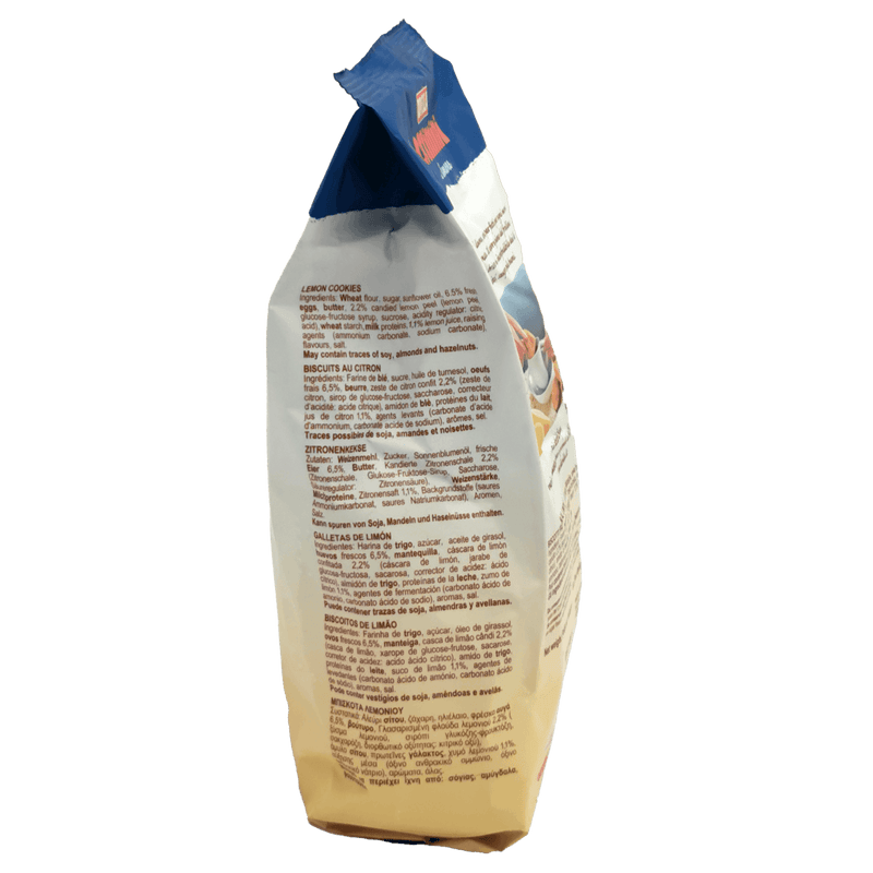 Paquet de Biscuits Citron Divella 400g affichant les informations nutritionnelles et les ingrédients, parfait pour les amateurs de desserts au citron.