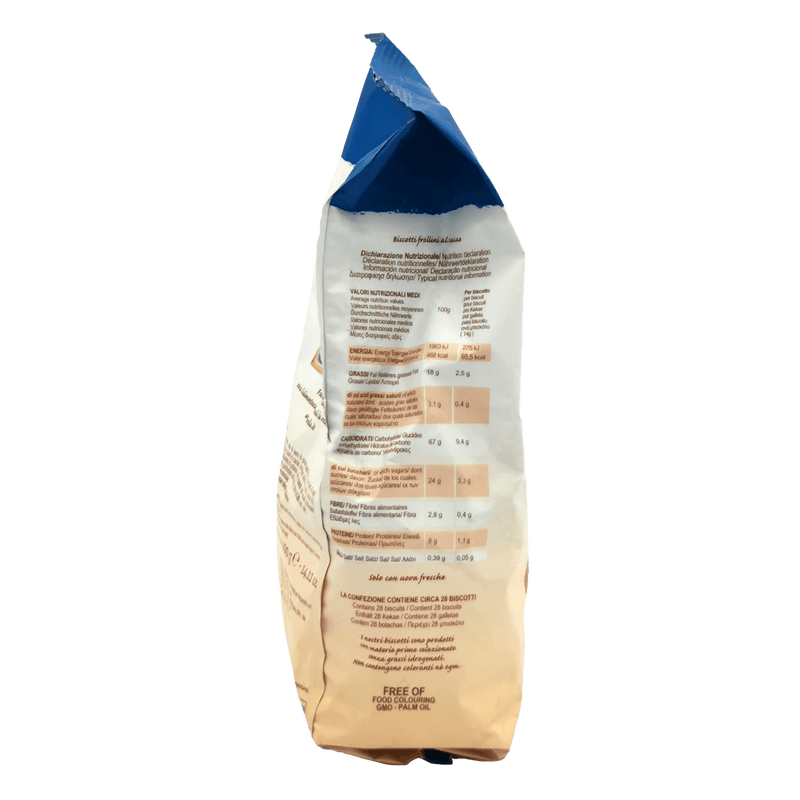 Vue latérale du paquet de cookies chocolat Divella 400 g, mettant en avant les informations nutritionnelles et la qualité du cookie chocolat.