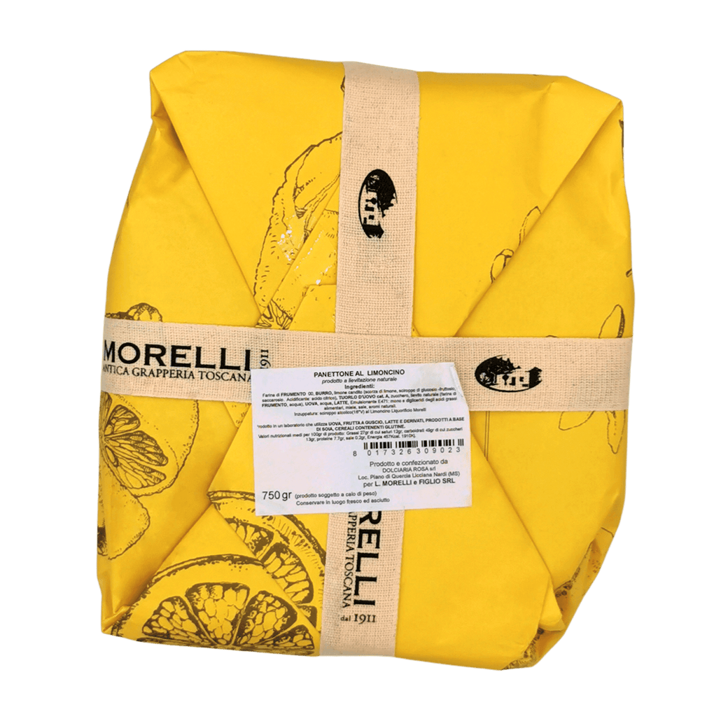 Panettone au limoncello artisanal de Toscane Morelli 750 g, emballé dans un packaging jaune, mettant en avant les saveurs de citron sicilien.