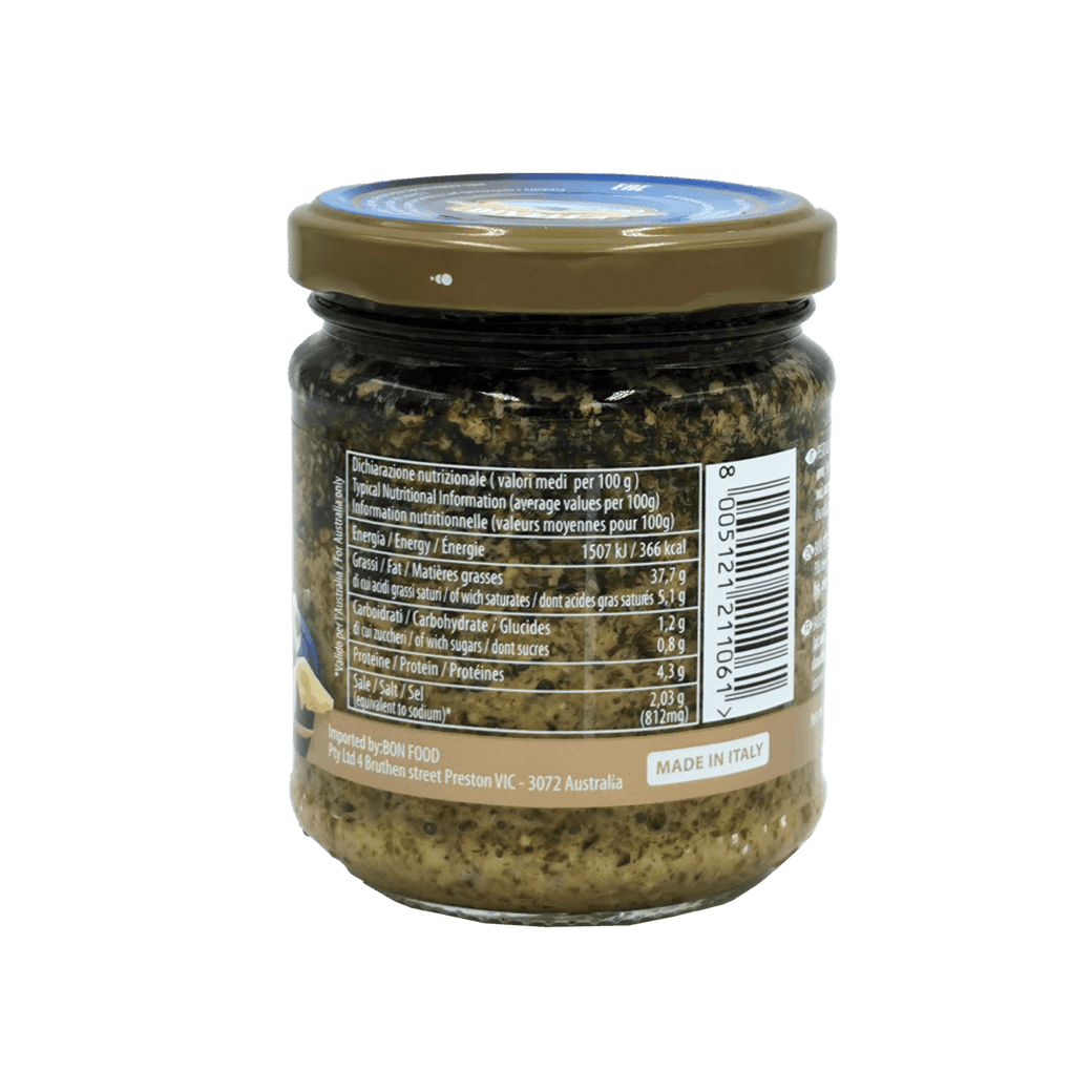 Pesto Alla Genovese Divella van achteren gezien – ingrediëntenlabel en glazen pot 190 g