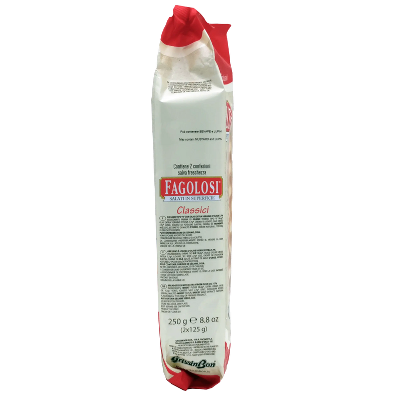 Paquet de Gressin Fagolosi Classique 250g enrichi en huile d'olive extra vierge, gressin italien délicieux et croustillant.