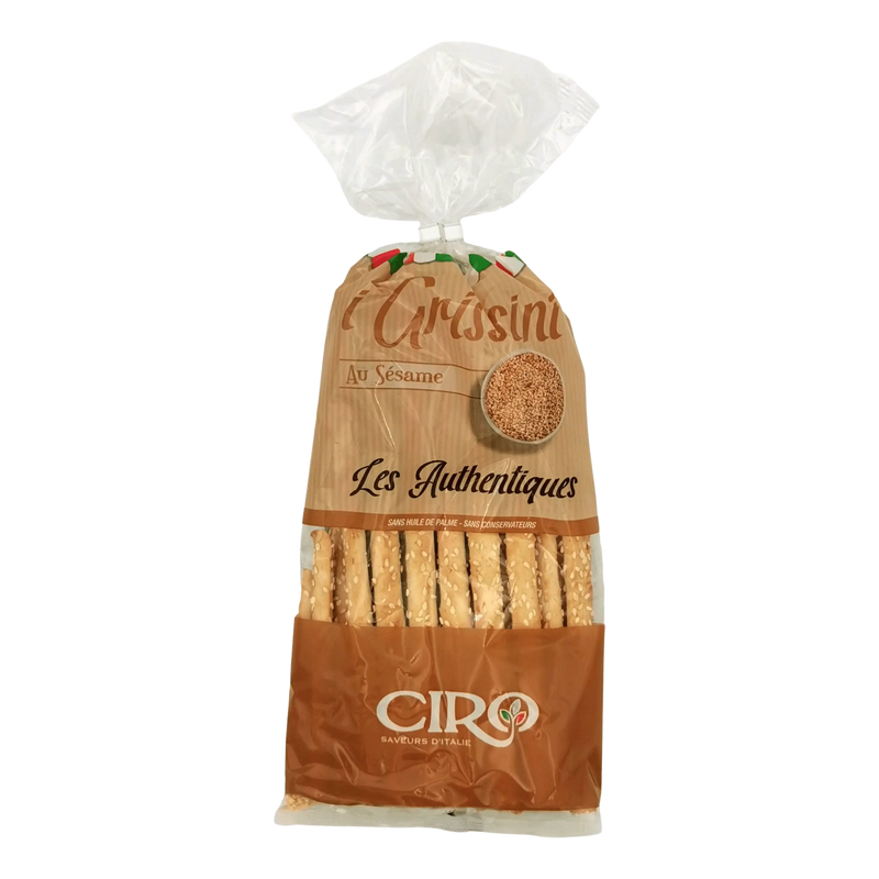 Paquet de gressin sésame Ciro 200g, spécialité italienne croustillante, enrichie de graines de sésame dorées, emballage transparent.