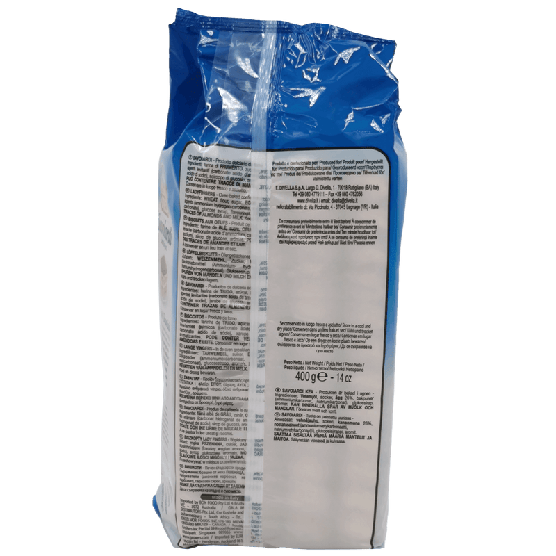 Vue arrière de l’emballage des biscuits Savoiardi Divella 400 g montrant les ingrédients et les informations nutritionnelles.