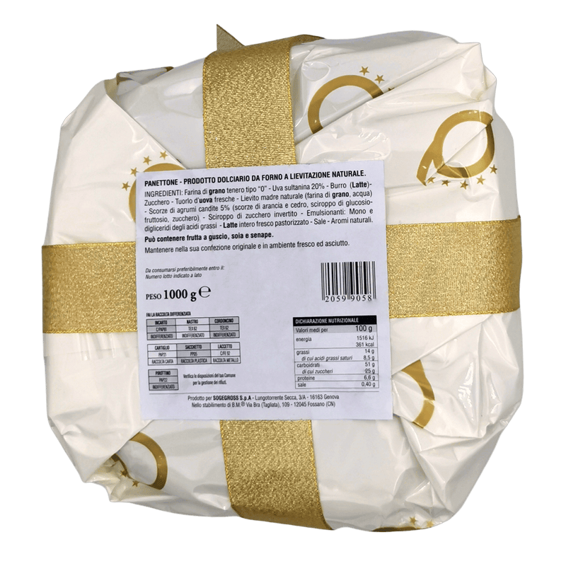 Panettone classique emballé à la main Q Maiuscola 1kg avec emballage doré et blanc, idéal pour les fêtes.