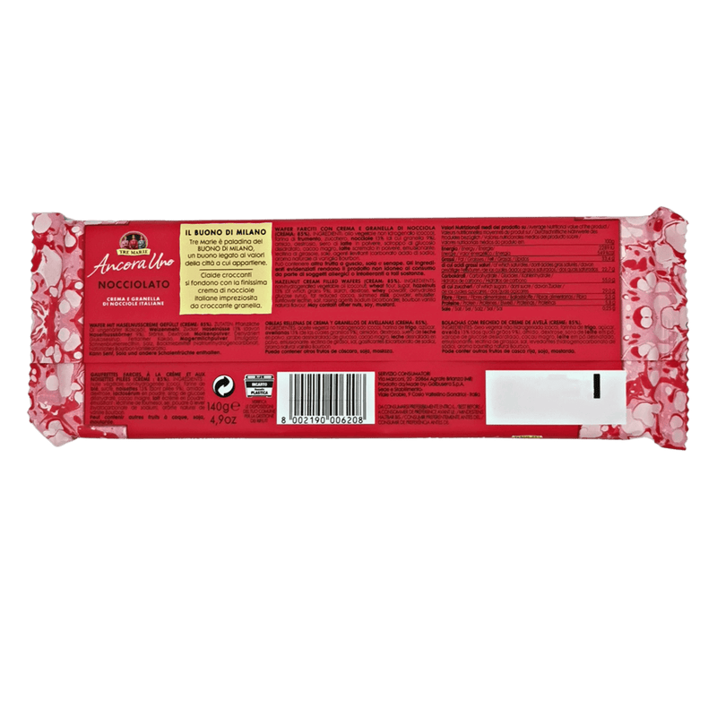 Emballage du produit gaufrette noisette 140g Ancora Uno Tre Marie vu de dos