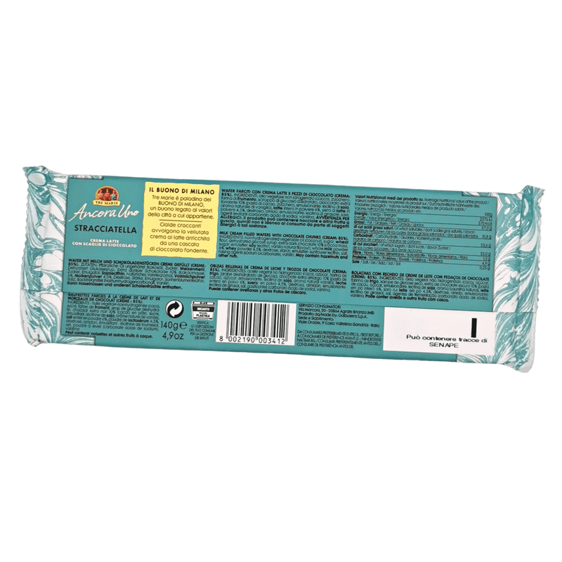 Emballage arrière du gaufrette Tre Marie Stracciatella 140g avec ingrédients en détail
