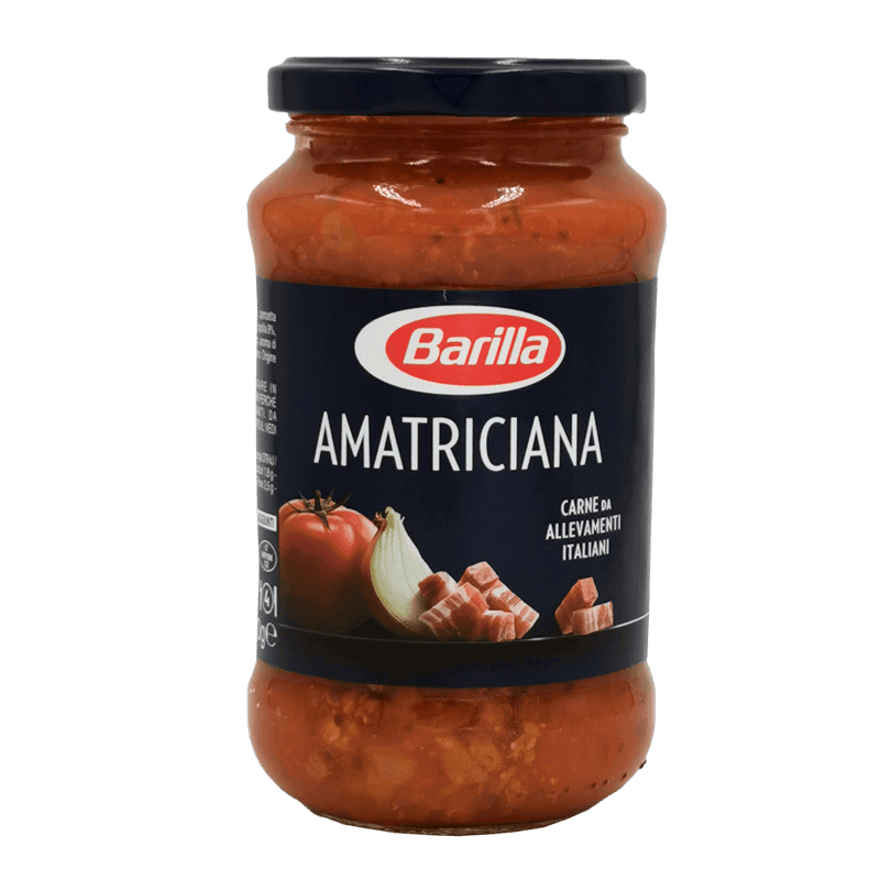 Sauce Amatriciana Barilla en gros plan – pot 400g avec tomates et bacon visibles