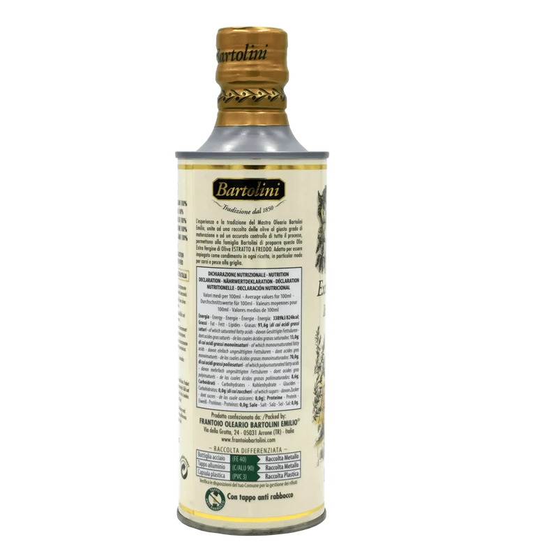 Bouteille d'huile d'olive italienne Bartolini 50cl avec étiquette détaillée, produit premium d'Ombrie.