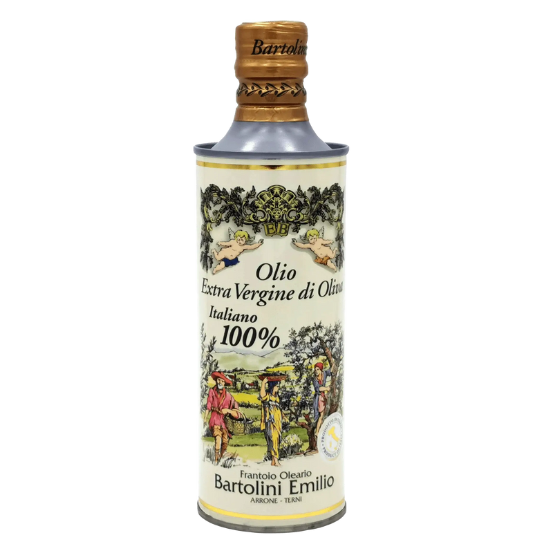 Bouteille d'huile d'olive italienne Bartolini extra vierge 50cl, goût fruité et texture veloutée.