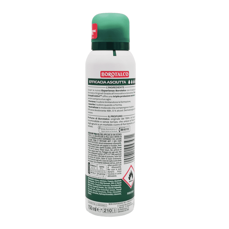 Déodorant Borotalco Original 48h 150ml, spray arrière, protection longue durée et confort.