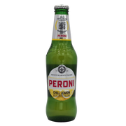Bouteille de bière Peroni Chill Lemon 33cl, bière légère italienne avec une saveur de citron, fabriquée avec du malt italien de haute qualité.