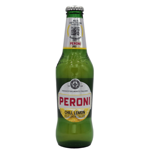 Bouteille de bière Peroni Chill Lemon 33cl, bière légère italienne avec une saveur de citron, fabriquée avec du malt italien de haute qualité.