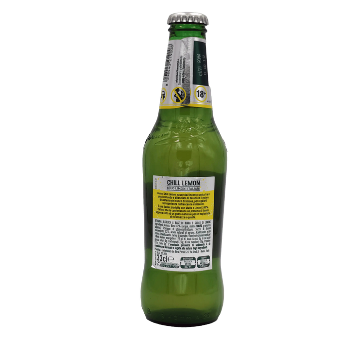 Vue arrière de la bouteille de bière Peroni Chill Lemon 33cl, montrant les informations sur les ingrédients et la fabrication.