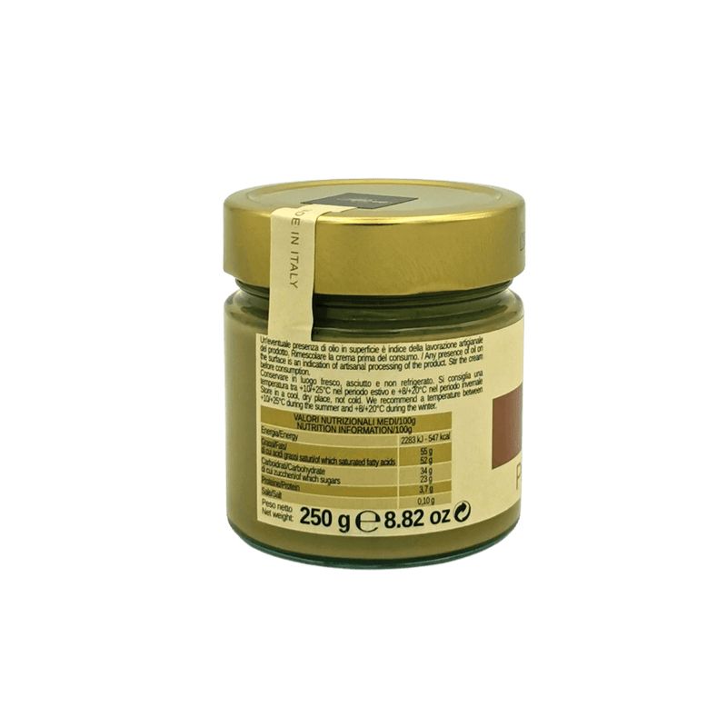 Pot de pâte à tartiner pistache Oliva 250g avec étiquette nutritionnelle