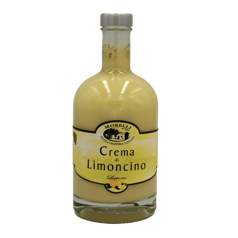 Bouteille de Liqueur De Crème De Limoncino Morelli 50cl avec étiquette en gros plan, limoncello crémeux et rafraîchissant.