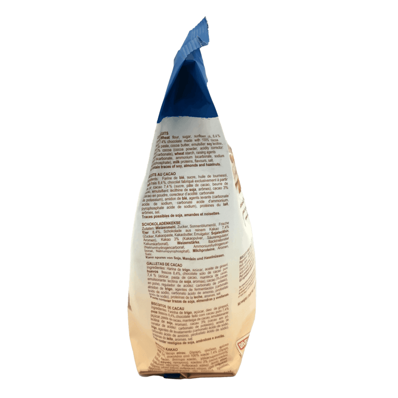 Vue latérale du paquet de cookie chocolat Divella 400 g, avec détails des ingrédients – authentique cookie chocolat italien.