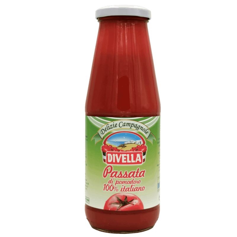 Passata di Pomodoro Divella 680g – bouteille de sauce tomate italienne vue de face, étiquette rouge et jaune