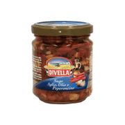 Sauce à l’ail Huile Piment Divella en gros plan - Mélange d'ail, huile d'olive et piment dans un pot en verre