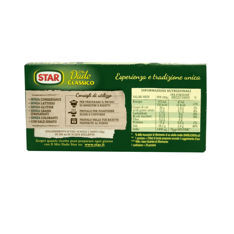 Emballage des Cubes de Bouillon Star il Mio Dado – 100 g, présentant les ingrédients et les informations nutritionnelles.