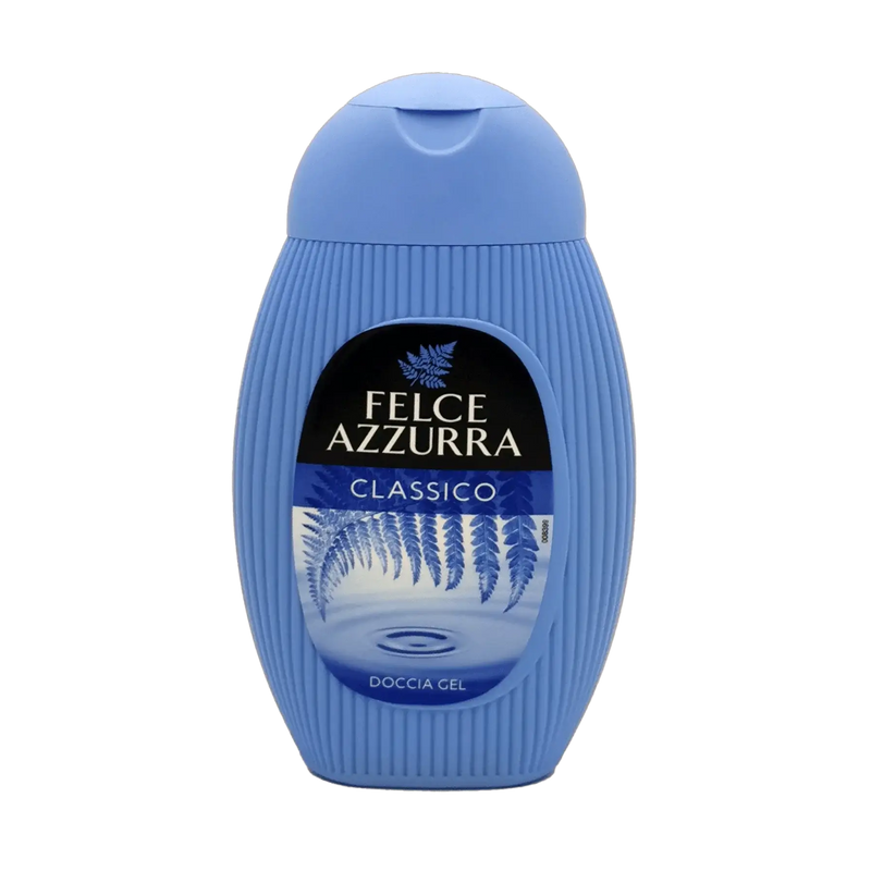 Gel douche italien Felce Azzurra Classique 250ml avec parfum frais et équilibré dans un flacon bleu.