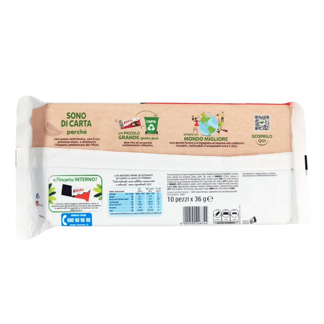 Back packaging of the Ferrero Fiesta cake 136g with nutritional information and QR codes.