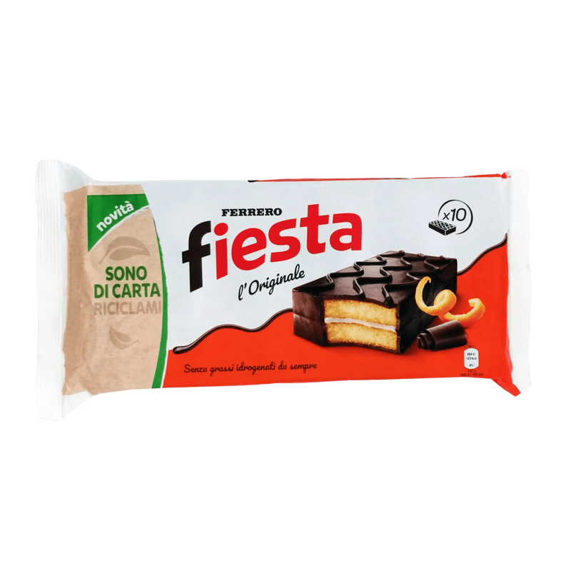 Emballage du gâteau Ferrero Fiesta 136g avec chocolat et noisettes en illustration.