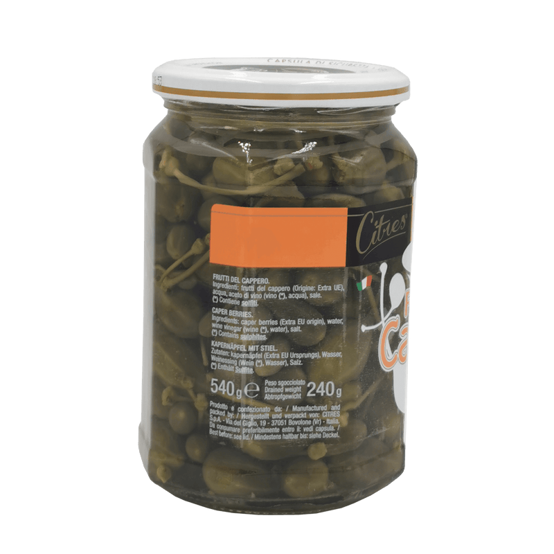 Bocal en verre de Caprons Italiens Citres 540 g, antipasti artisanal italien avec caprons cueillis à la main et conservés en saumure.