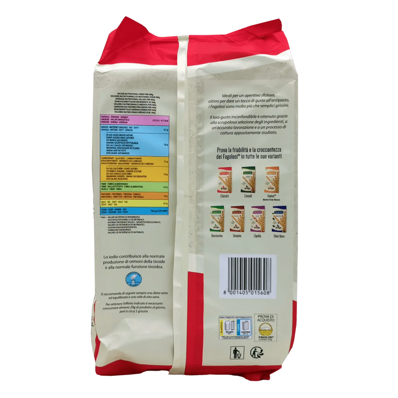 Emballage Gressin Fagolosi Classique Gressinbon 250g, gressin italien à l'huile d'olive vierge extra, arrière avec informations nutritionnelles.