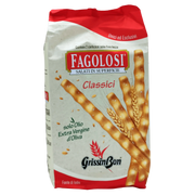 Gressin italien Fagolosi Classique Gressinbon 250g avec huile d'olive extra vierge, texture croquante en emballage rouge et blanc.