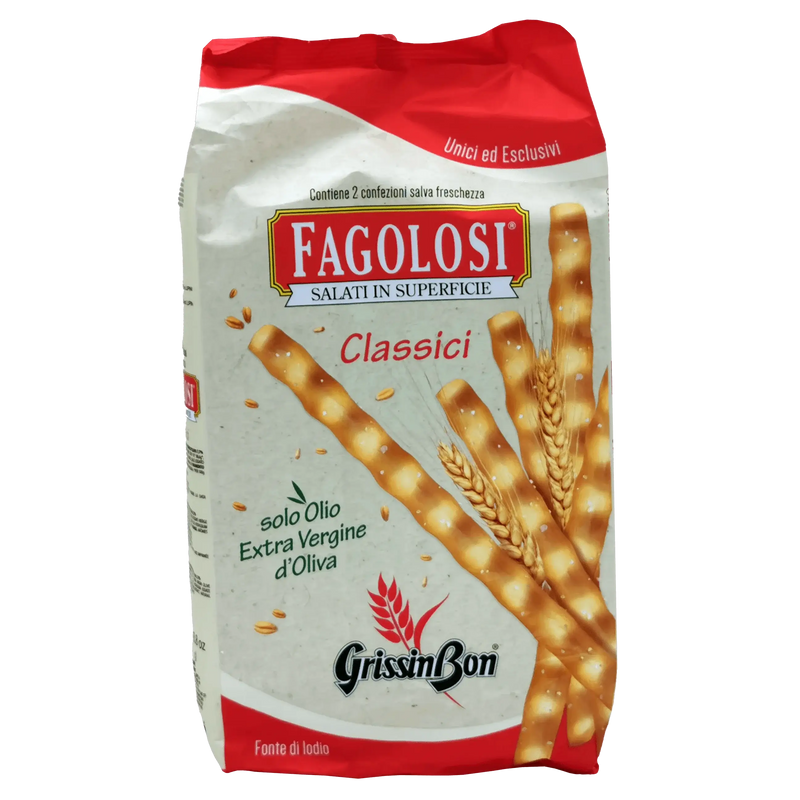 Gressin italien Fagolosi Classique Gressinbon 250g avec huile d'olive extra vierge, texture croquante en emballage rouge et blanc.