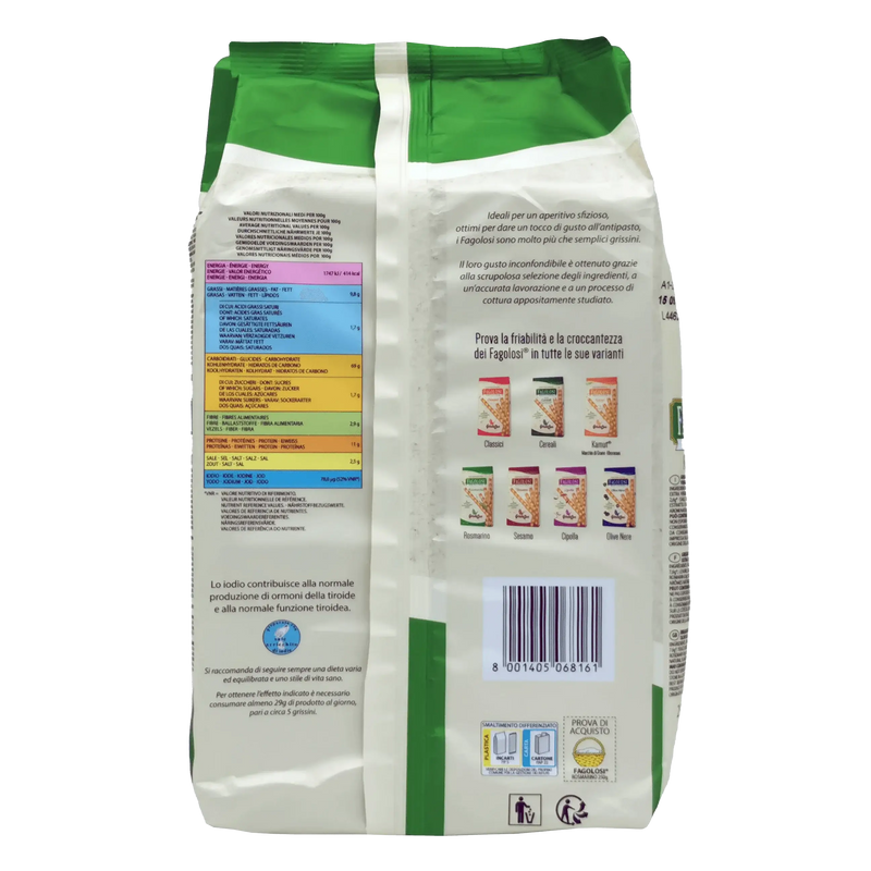 Emballage arrière de Gressin Romarin Fagolosi Gressinbon 250g, tableau nutritionnel et détails du produit affichés.