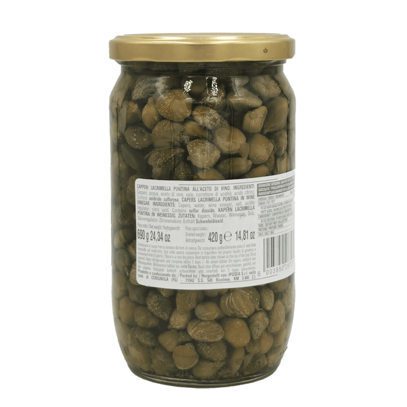 Câpres Italiennes Iposea 690 g, révélant les saveurs authentiques de la Méditerranée.