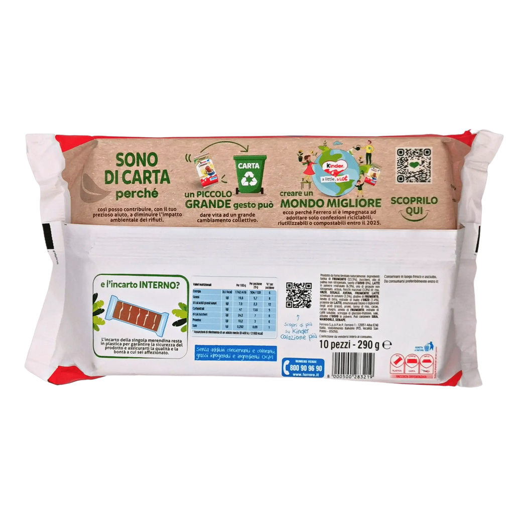 Dos du paquet Collation Cacao Kinder 290 g, affichant les informations nutritionnelles et les consignes de recyclage.
