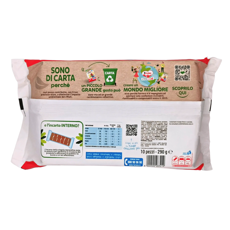 Dos du paquet Collation Cacao Kinder 290 g, affichant les informations nutritionnelles et les consignes de recyclage.