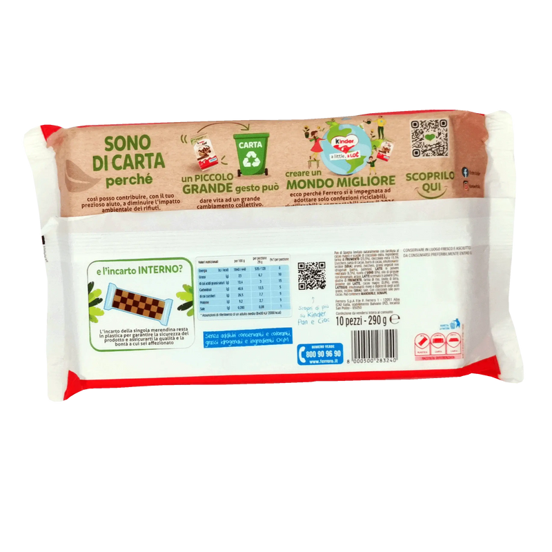 Dos du paquet Collation Kinder Panecioc x10 290 g, présentant les détails du produit et un message éco-responsable.