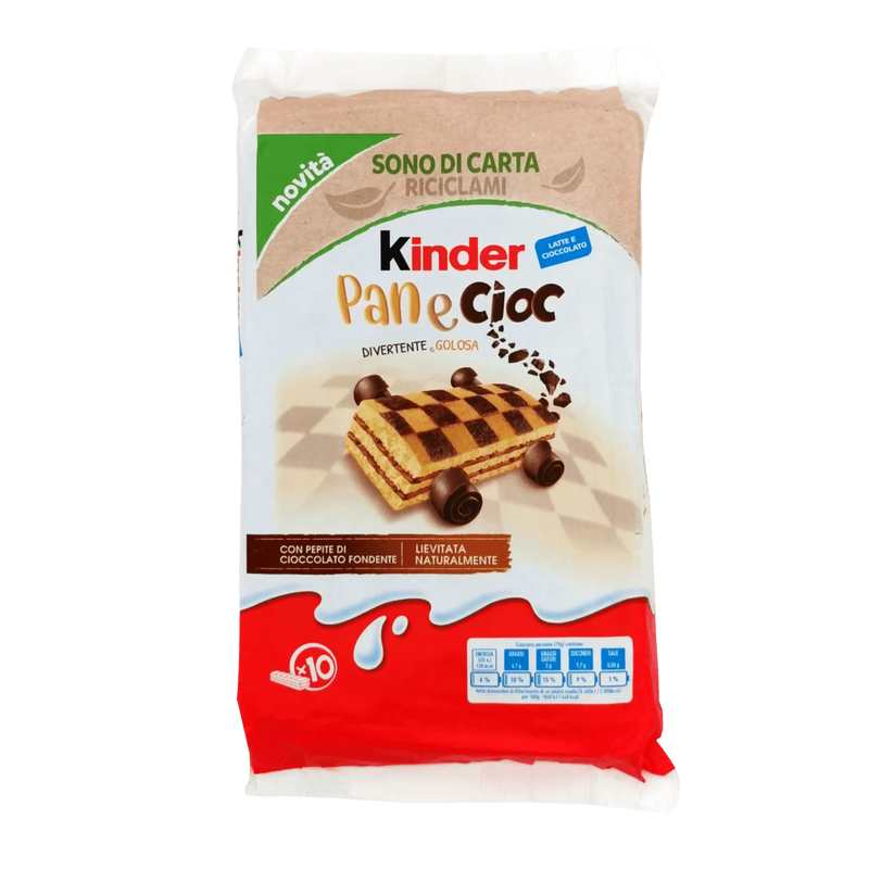 Collation Kinder Panecioc x10 290 g, gâteau moelleux aux pépites de chocolat, idéal pour un petit-déjeuner familial gourmand.