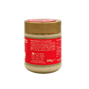Pot de 200g de pâte à tartiner noisette La Crème Di Rossana avec étiquette rouge et couvercle doré, vue arrière.