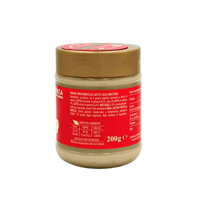 Pot de 200g de pâte à tartiner noisette La Crème Di Rossana avec étiquette rouge et couvercle doré, vue arrière.