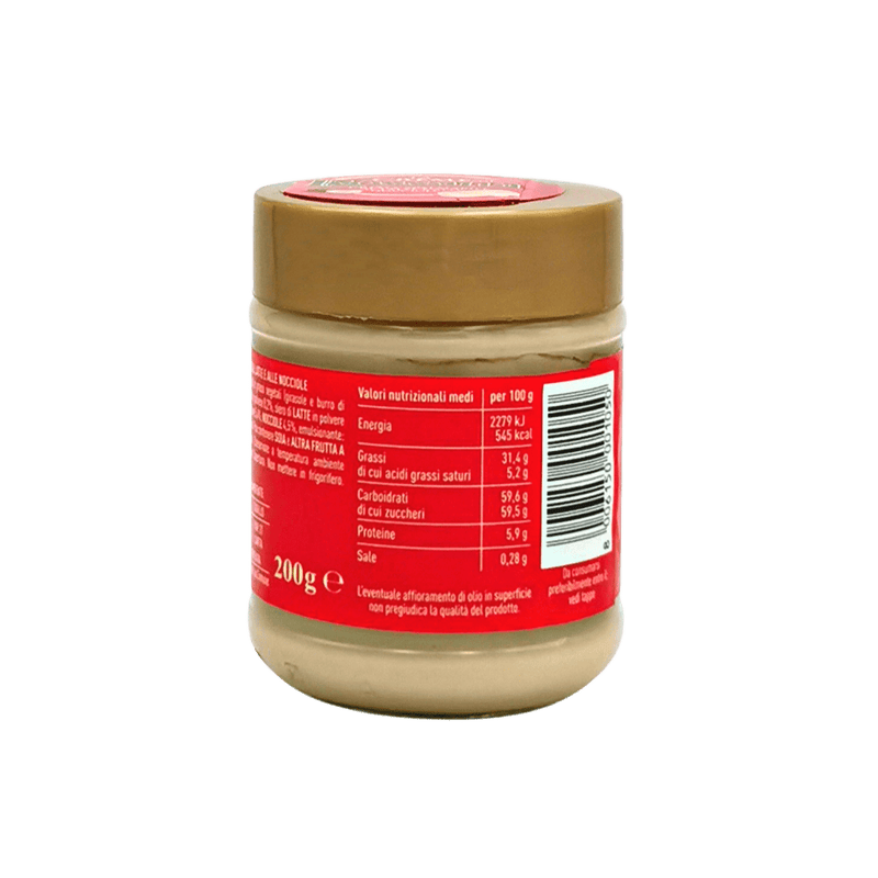 Pâte à tartiner noisette Rossana 200g, pot de crème italienne, vue arrière et étiquette nutritionnelle.