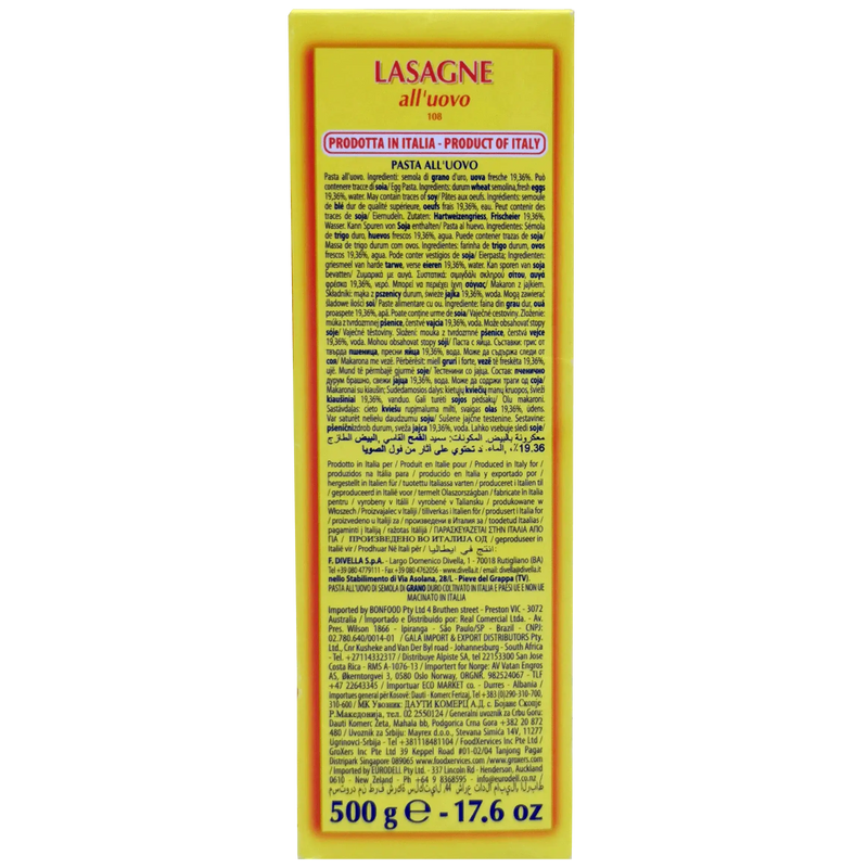 Emballage de pâte à lasagne aux œufs Divella 500g, produit italien authentique.