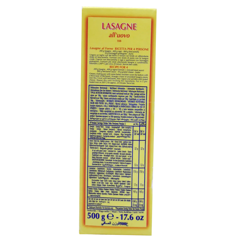 Emballage de pâte à lasagne Divella 500g, Lasagne all'uovo, authentiques pâtes italiennes sans précuisson.