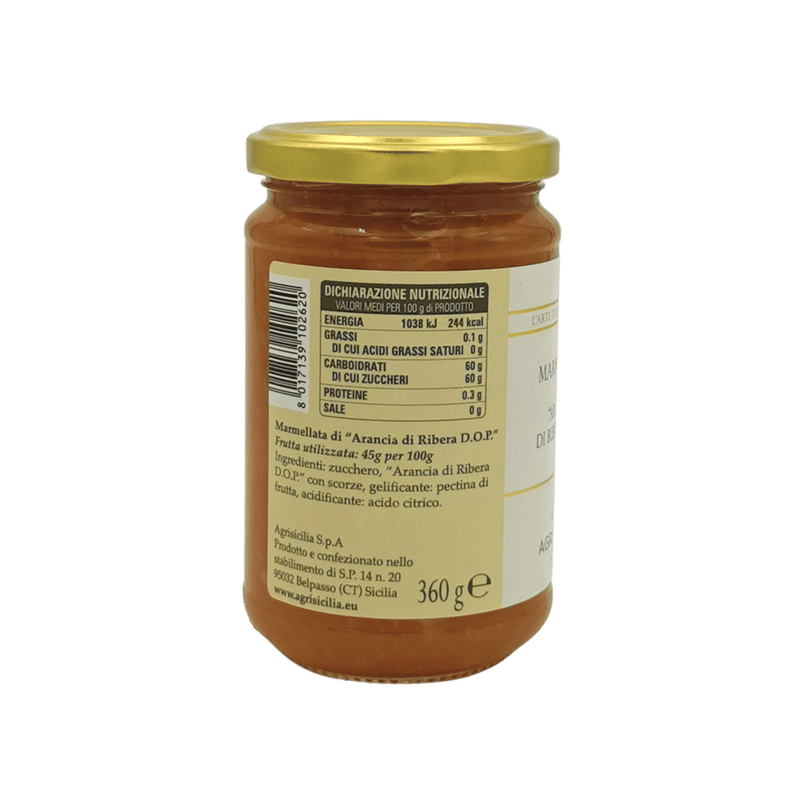 Pot de marmelade d’orange Sicilienne D.O.P Agrisicilia 360g avec étiquette nutritionnelle visible.