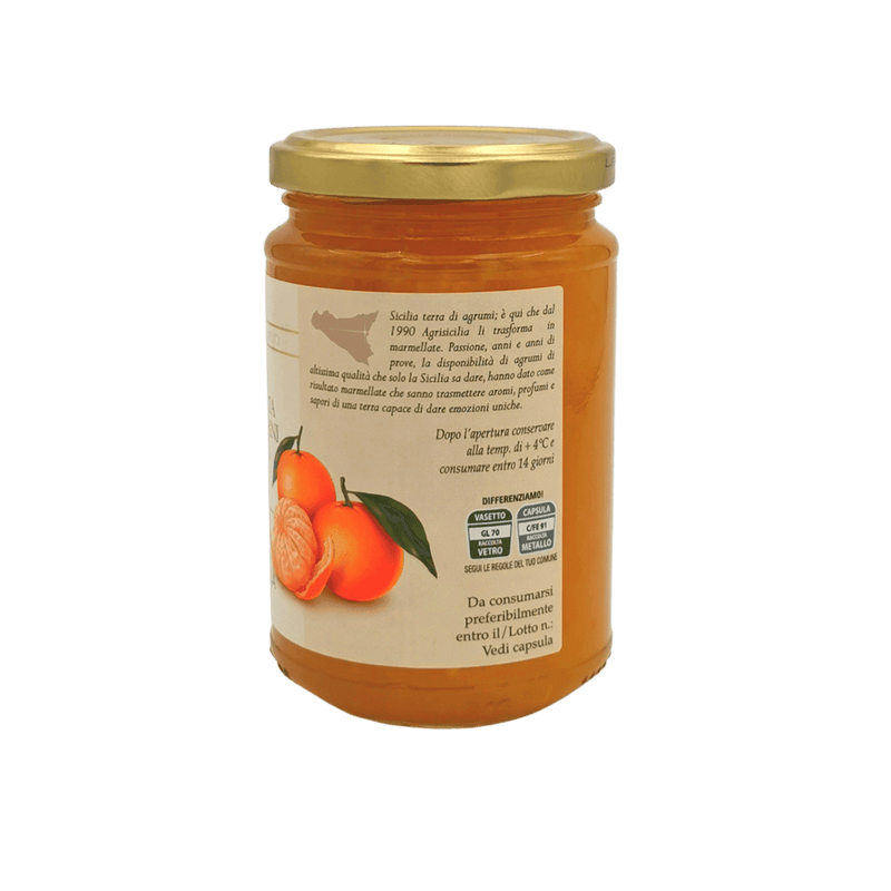 Confiture mandarine Sicile Agrisicilia 360g, pot de verre avec étiquette et illustration de mandarines.