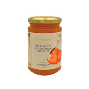 Pot de confiture mandarine Agrisicilia 360g avec des mandarines de Sicile, étiquette "Marmellata di Mandarini di Sicilia"