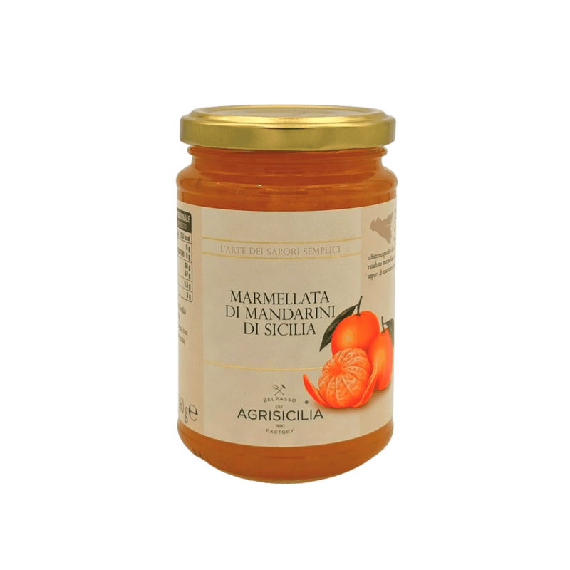 Pot de confiture mandarine Agrisicilia 360g avec des mandarines de Sicile, étiquette "Marmellata di Mandarini di Sicilia"