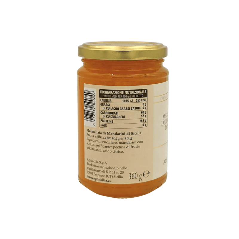 Pot de confiture mandarine Agrisicilia 360g avec étiquette nutritionnelle.