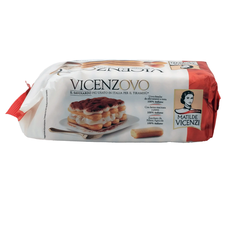 Emballage des biscuits cuillère Matilde Vicenzi Vicenzovo 300 g, présentant les biscuits cuillère italiens Vicenzovo, parfaits pour les desserts italiens.